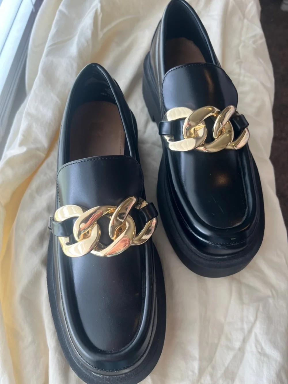 Black Platform Loafers with Gold Chain Accent
